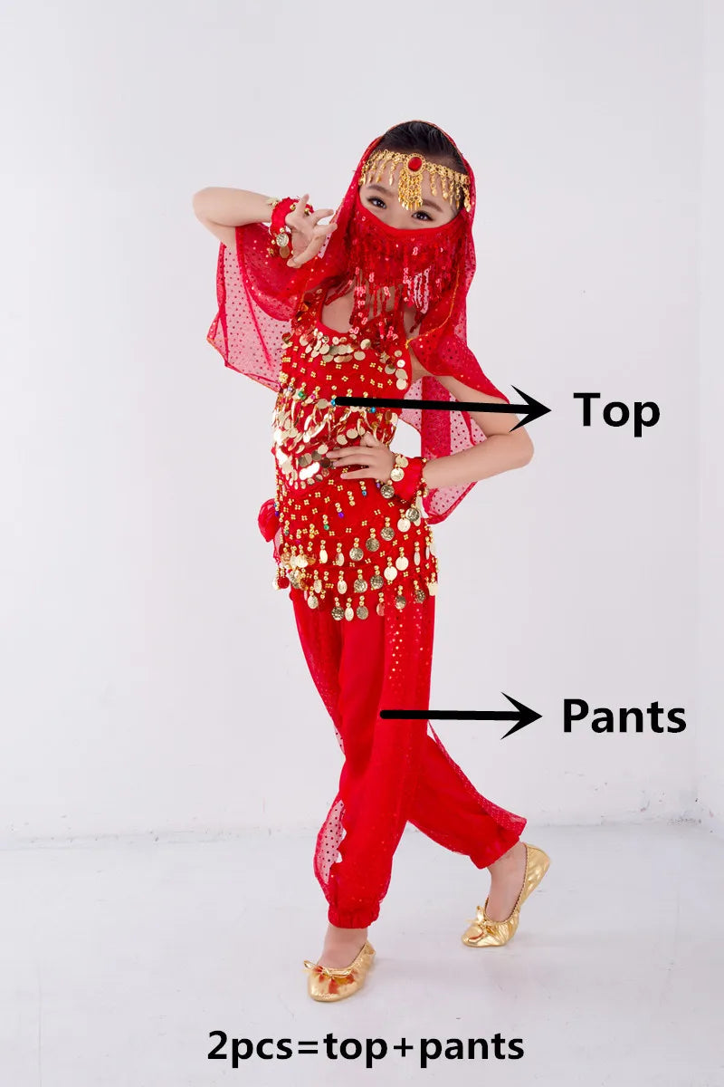 Kids Belly Dance Costume for Girls – Belly Dancer Outfit Set with Belt, Pants, Veil & Accessories (2–8PCS)