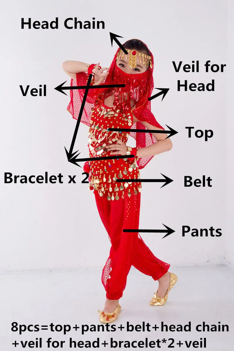 Kids Belly Dance Costume for Girls – Belly Dancer Outfit Set with Belt, Pants, Veil & Accessories (2–8PCS)