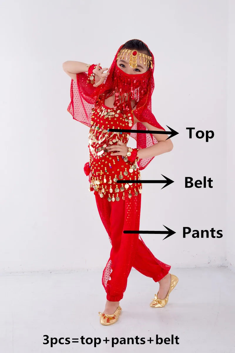 Kids Belly Dance Costume for Girls – Belly Dancer Outfit Set with Belt, Pants, Veil & Accessories (2–8PCS)