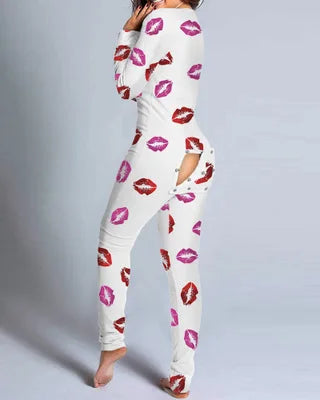 Women’s Christmas Button-Front Pajama Jumpsuit with Back Flap Holiday One-Piece Loungewear