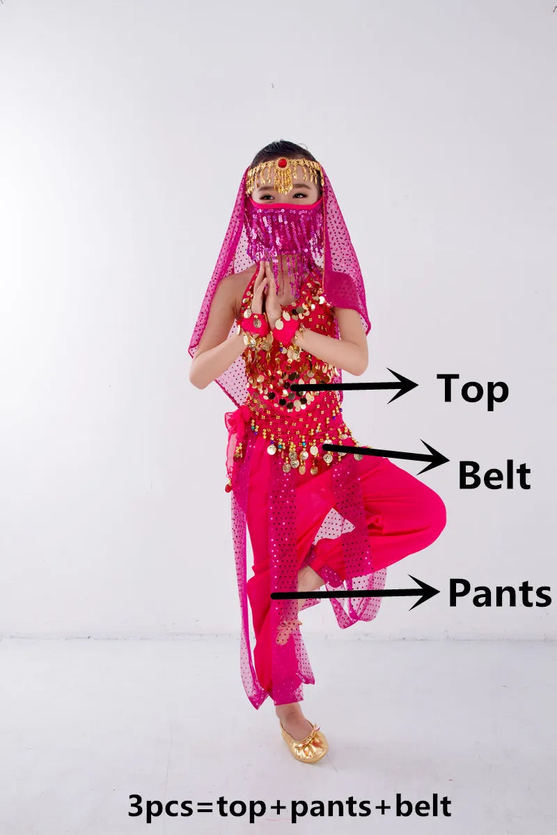 Kids Belly Dance Costume for Girls – Belly Dancer Outfit Set with Belt, Pants, Veil & Accessories (2–8PCS)