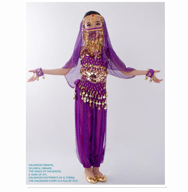 Kids Belly Dance Costume for Girls – Belly Dancer Outfit Set with Belt, Pants, Veil & Accessories (2–8PCS)