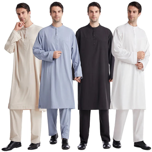 Men Jubba Thobe Muslim Two Pieces Set For Male Pakistan Dubai Saudi Abaya Prayer Islamic Clothing Worship Suit Arabic Ramadan Eid
