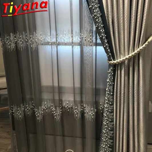 French Luxury Embroidery Sequins Tulle Curtains for Living Room Pearls sequins Curtains Yarn for Bedroom Customized