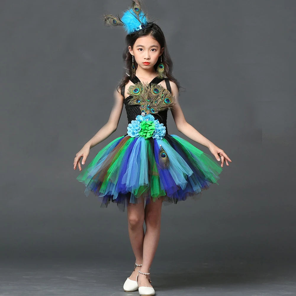 Girls' Peacock Tutu Costume Dress with Headband