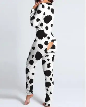 Women’s Christmas Button-Front Pajama Jumpsuit with Back Flap Holiday One-Piece Loungewear