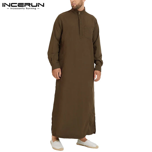 INCERUN Men Muslim Islamic Kaftan Arab Vintage Long Sleeve Men Thobe Robe Loose Dubai Saudi Arab Kaftan Men Clothing 2024 S-5XL
