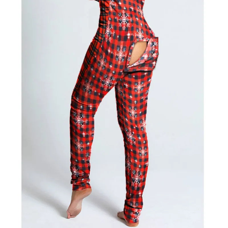 Women’s Christmas Button-Front Pajama Jumpsuit with Back Flap Holiday One-Piece Loungewear