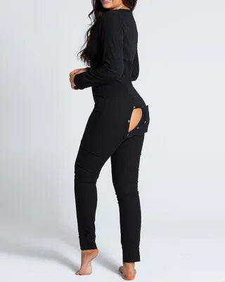 Women’s Christmas Button-Front Pajama Jumpsuit with Back Flap Holiday One-Piece Loungewear