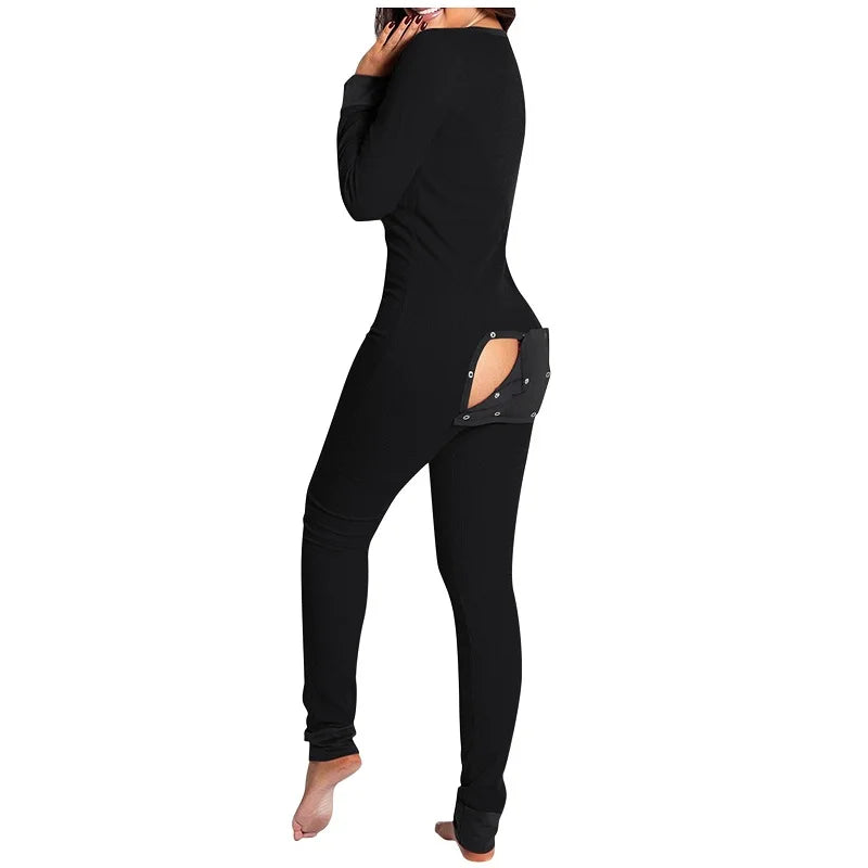Women’s Christmas Button-Front Pajama Jumpsuit with Back Flap Holiday One-Piece Loungewear
