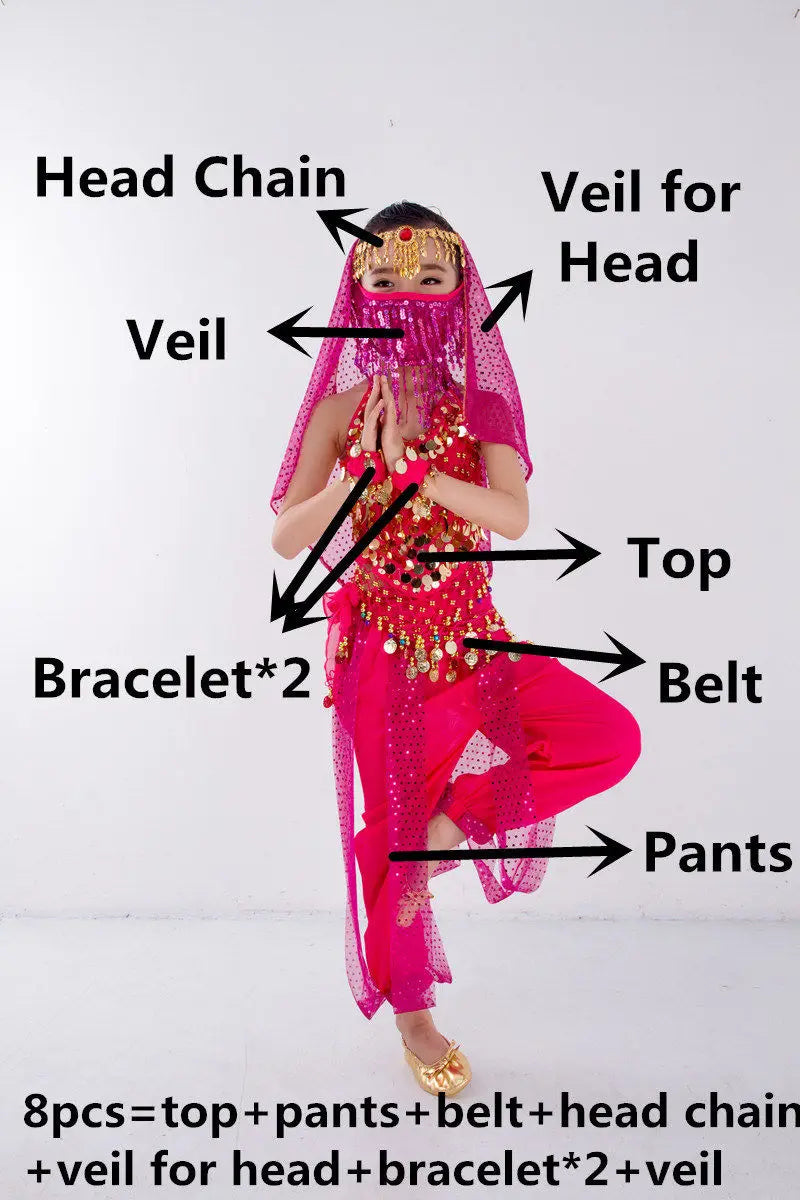 Kids Belly Dance Costume for Girls – Belly Dancer Outfit Set with Belt, Pants, Veil & Accessories (2–8PCS)