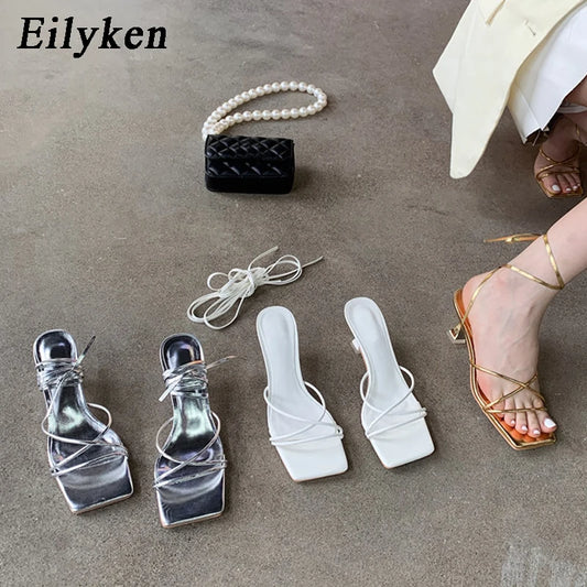 Eilyken Fashion Gold Silver white Sandals Thin Low Heel Lace Up Rome Summer Gladiator Women Casual Narrow Band Shoes