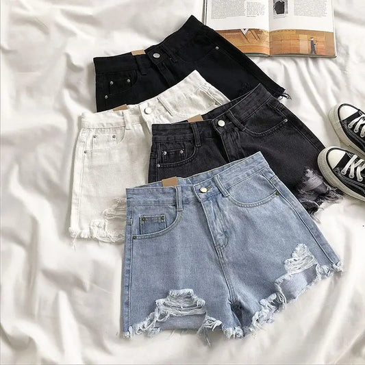 High Waist Denim Shorts Women Summer Pocket Tassel Hole Ripped jeans Short Female Pants