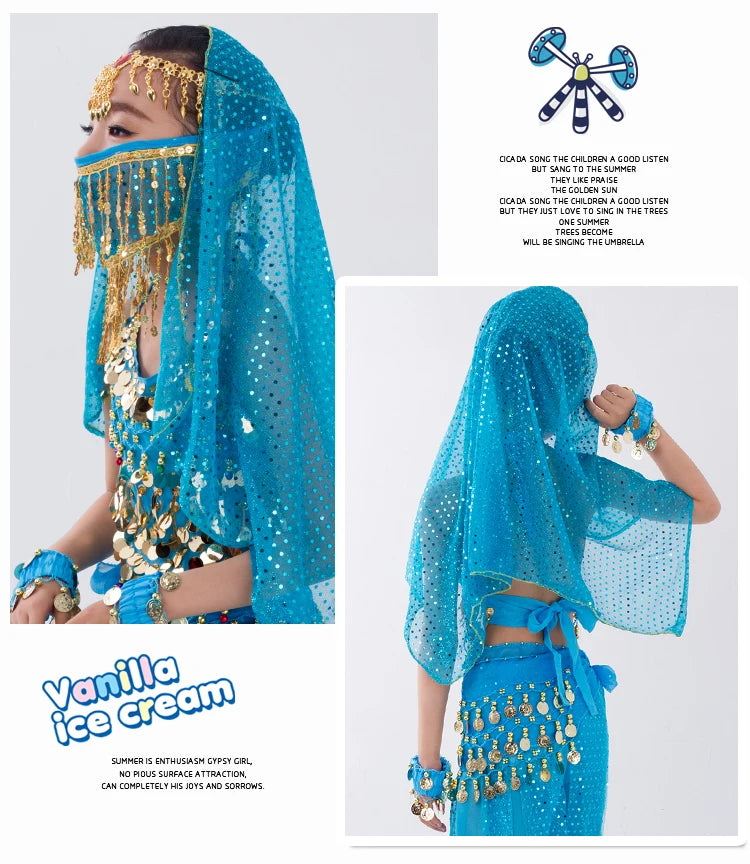Kids Belly Dance Costume for Girls – Belly Dancer Outfit Set with Belt, Pants, Veil & Accessories (2–8PCS)