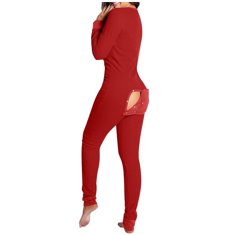 Women’s Christmas Button-Front Pajama Jumpsuit with Back Flap Holiday One-Piece Loungewear