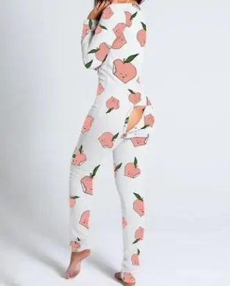 Women’s Christmas Button-Front Pajama Jumpsuit with Back Flap Holiday One-Piece Loungewear