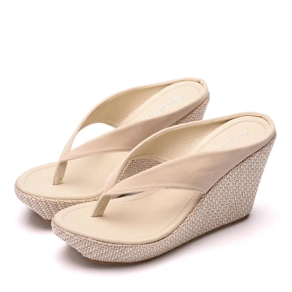 Women’s Platform Wedge Flip Flops – High Heel Beach Sandals, Boho Style, White & Pink