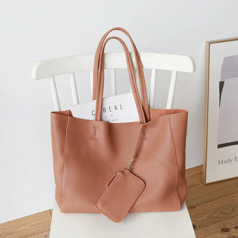 Women’s Casual Leather Tote Bag – Large Soft Cowhide Shoulder Purse for Shopping & Travel