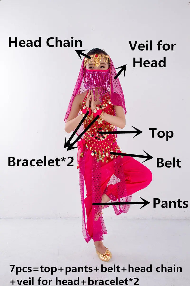 Kids Belly Dance Costume for Girls – Belly Dancer Outfit Set with Belt, Pants, Veil & Accessories (2–8PCS)