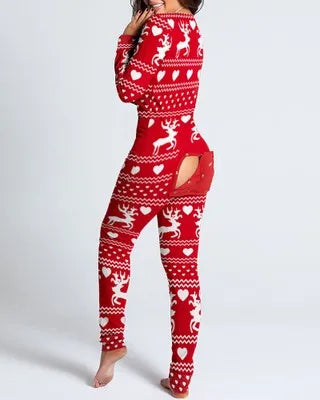 Women’s Christmas Button-Front Pajama Jumpsuit with Back Flap Holiday One-Piece Loungewear