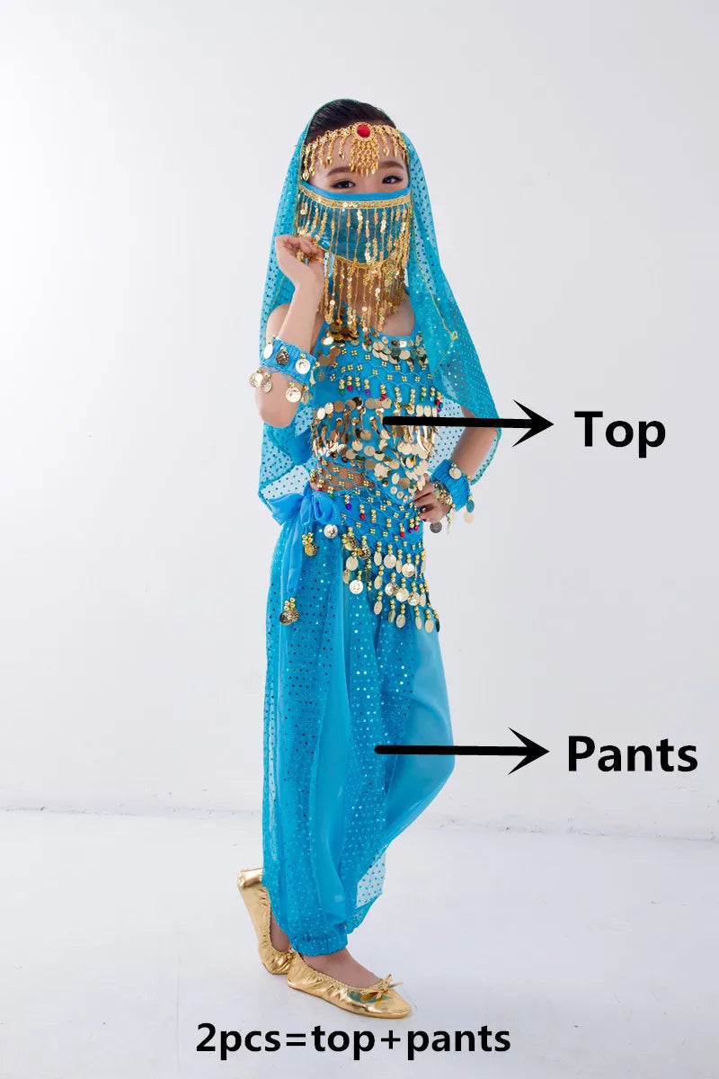 Kids Belly Dance Costume for Girls – Belly Dancer Outfit Set with Belt, Pants, Veil & Accessories (2–8PCS)