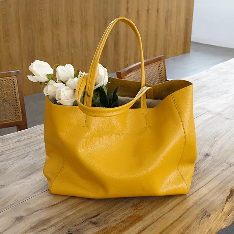 Women’s Casual Leather Tote Bag – Large Soft Cowhide Shoulder Purse for Shopping & Travel