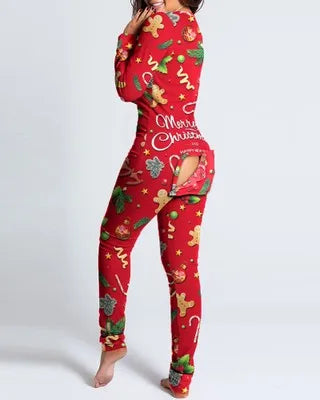 Women’s Christmas Button-Front Pajama Jumpsuit with Back Flap Holiday One-Piece Loungewear