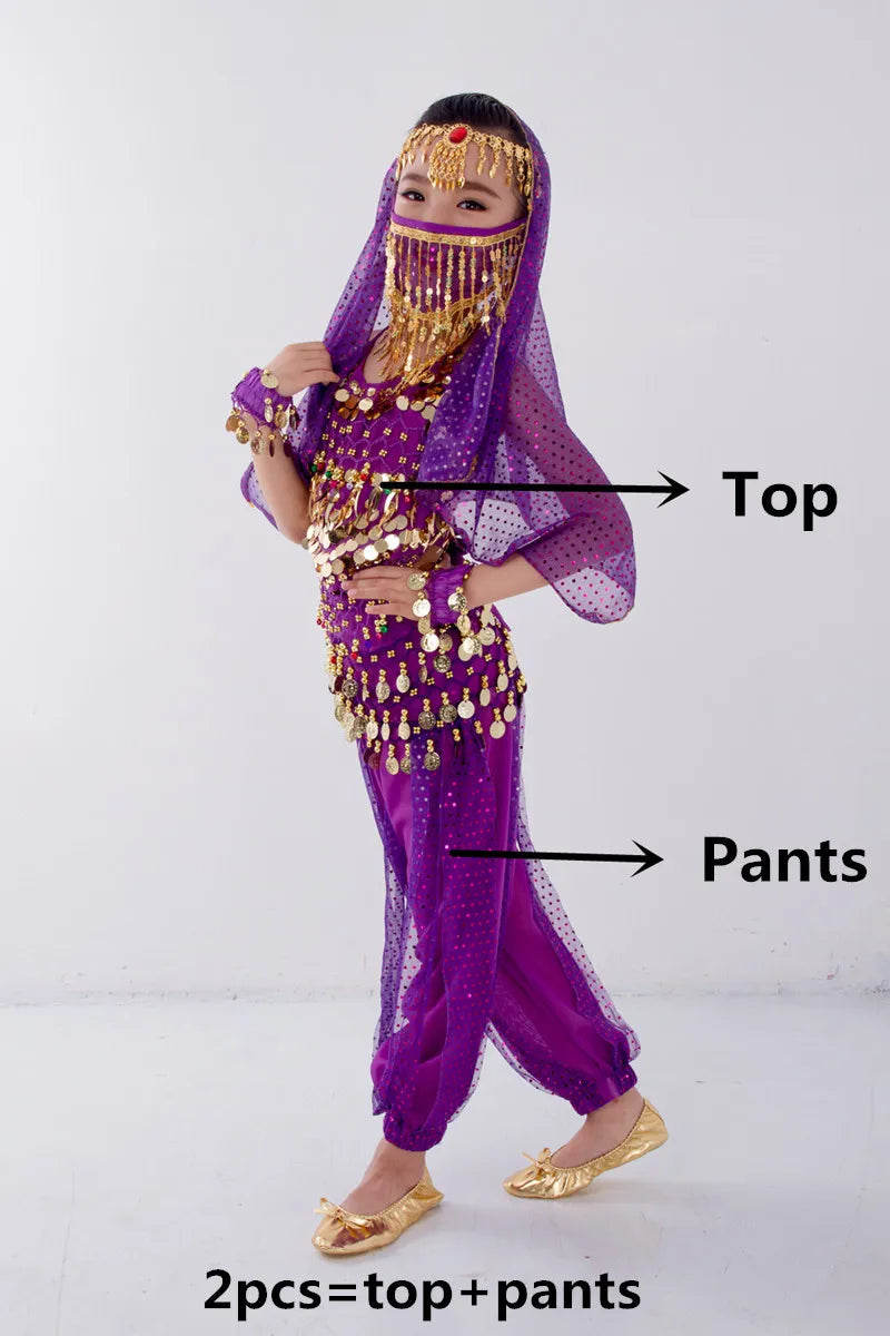 Kids Belly Dance Costume for Girls – Belly Dancer Outfit Set with Belt, Pants, Veil & Accessories (2–8PCS)