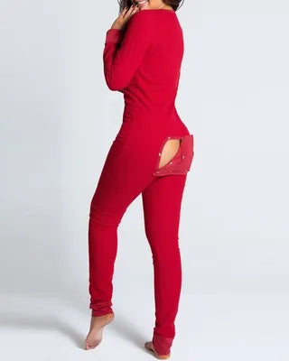 Women’s Christmas Button-Front Pajama Jumpsuit with Back Flap Holiday One-Piece Loungewear