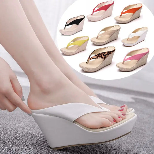 Women’s Platform Wedge Flip Flops – High Heel Beach Sandals, Boho Style, White & Pink