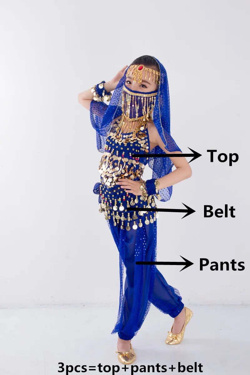 Kids Belly Dance Costume for Girls – Belly Dancer Outfit Set with Belt, Pants, Veil & Accessories (2–8PCS)