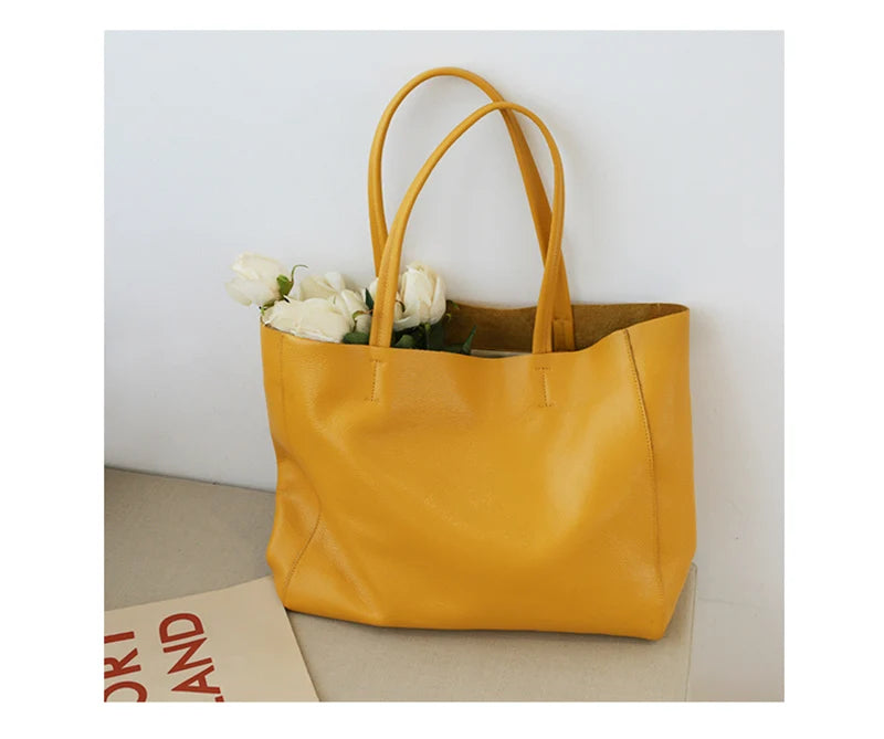 Women’s Casual Leather Tote Bag – Large Soft Cowhide Shoulder Purse for Shopping & Travel