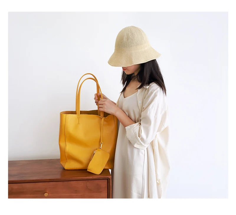 Women’s Casual Leather Tote Bag – Large Soft Cowhide Shoulder Purse for Shopping & Travel