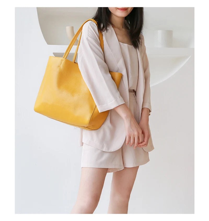 Women’s Casual Leather Tote Bag – Large Soft Cowhide Shoulder Purse for Shopping & Travel