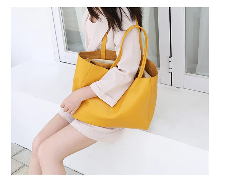 Women’s Casual Leather Tote Bag – Large Soft Cowhide Shoulder Purse for Shopping & Travel