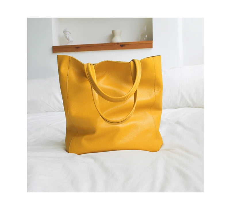 Women’s Casual Leather Tote Bag – Large Soft Cowhide Shoulder Purse for Shopping & Travel