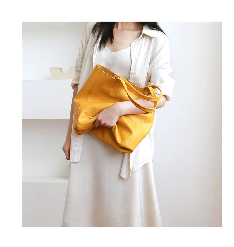Women’s Casual Leather Tote Bag – Large Soft Cowhide Shoulder Purse for Shopping & Travel