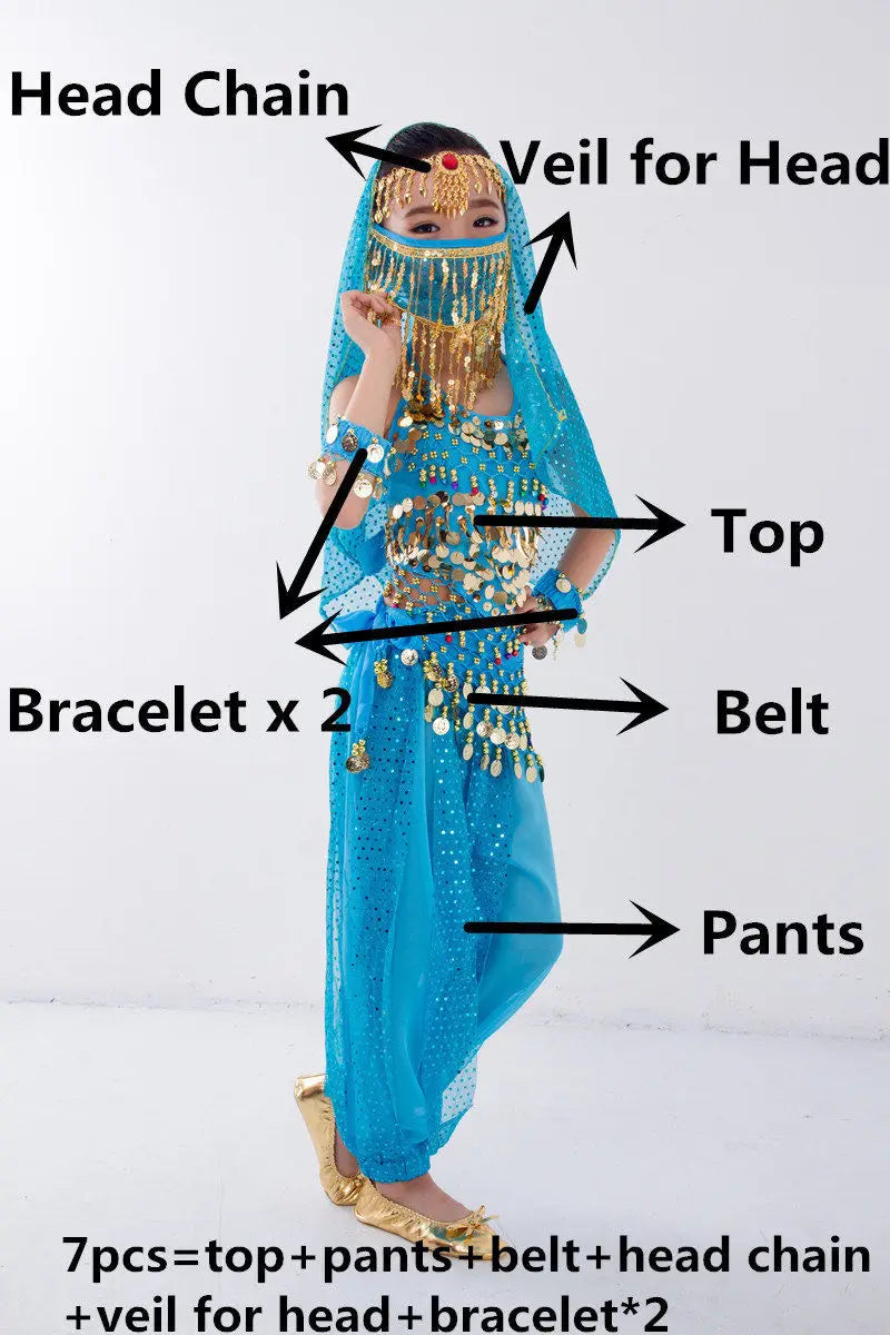 Kids Belly Dance Costume for Girls – Belly Dancer Outfit Set with Belt, Pants, Veil & Accessories (2–8PCS)