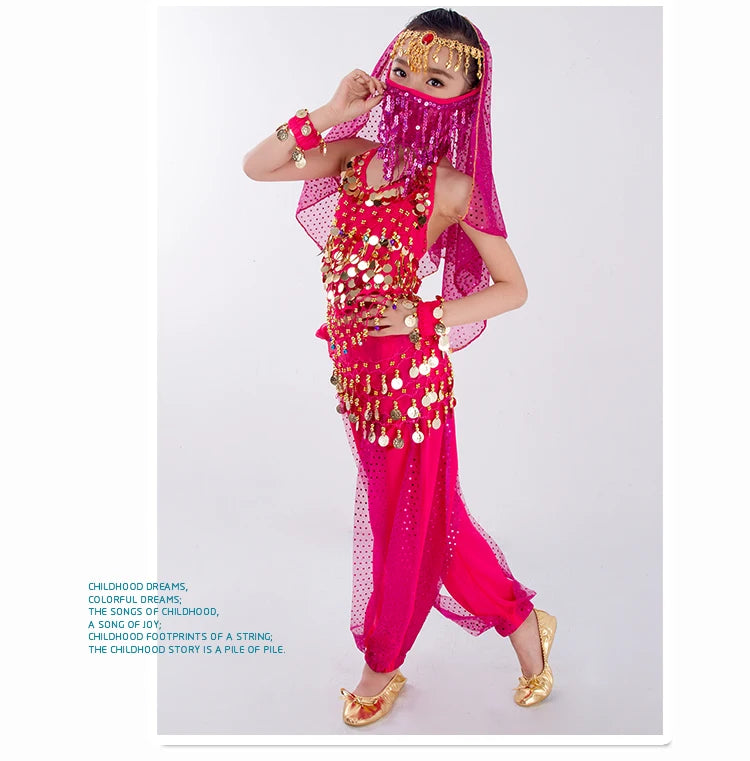 Kids Belly Dance Costume for Girls – Belly Dancer Outfit Set with Belt, Pants, Veil & Accessories (2–8PCS)
