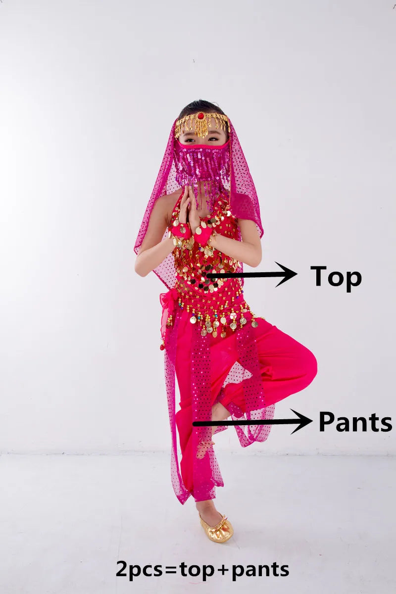 Kids Belly Dance Costume for Girls – Belly Dancer Outfit Set with Belt, Pants, Veil & Accessories (2–8PCS)