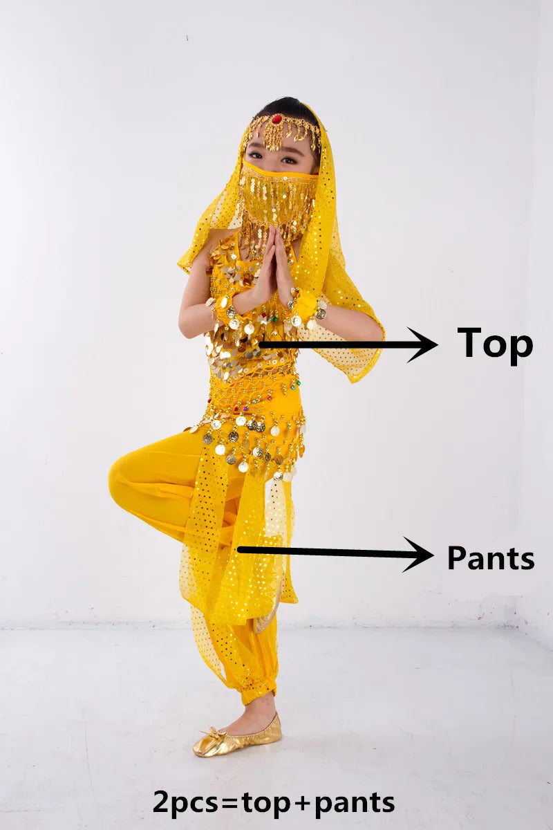 Kids Belly Dance Costume for Girls – Belly Dancer Outfit Set with Belt, Pants, Veil & Accessories (2–8PCS)