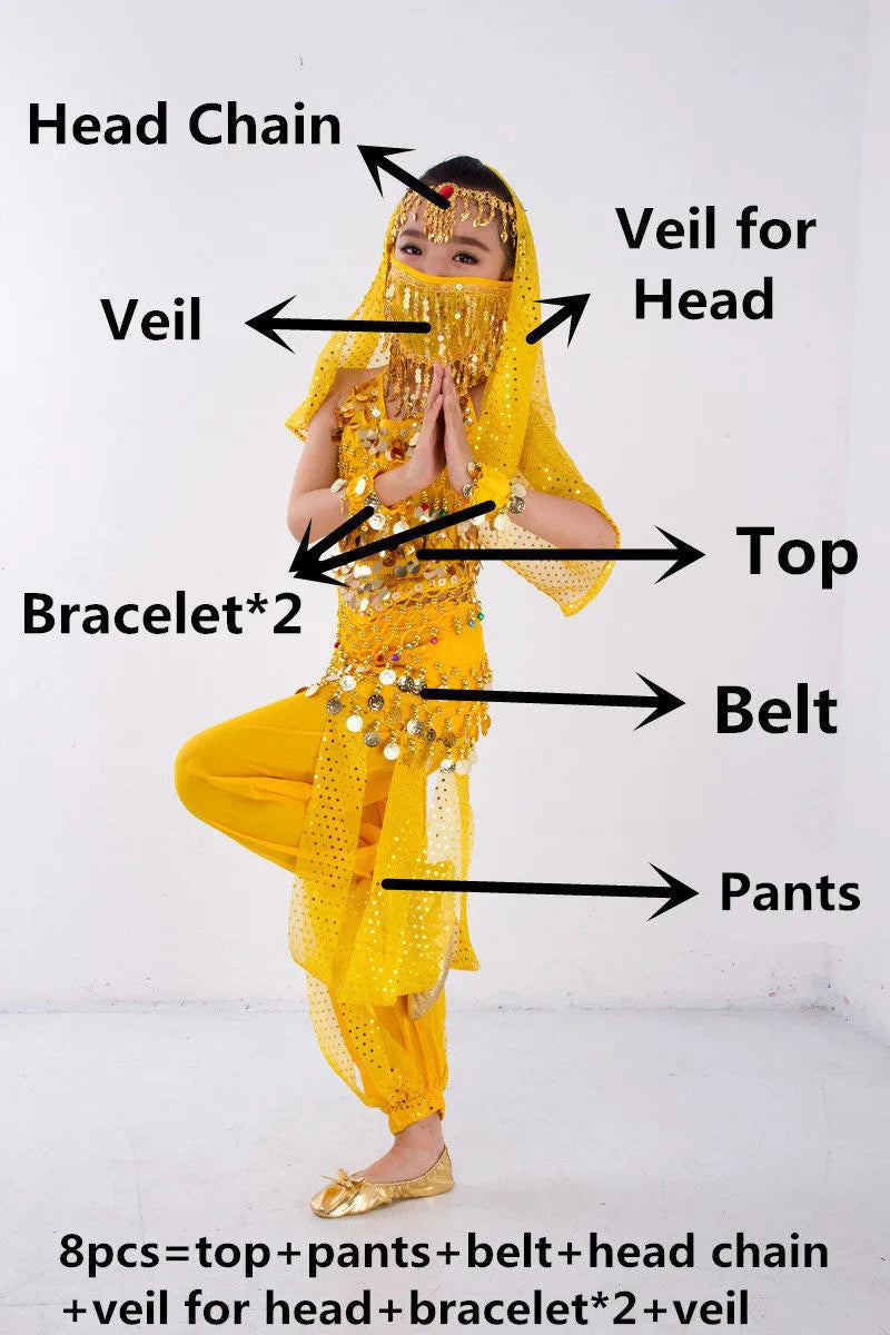Kids Belly Dance Costume for Girls – Belly Dancer Outfit Set with Belt, Pants, Veil & Accessories (2–8PCS)