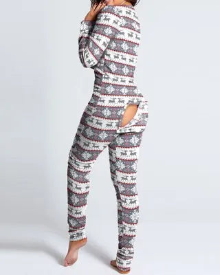 Women’s Christmas Button-Front Pajama Jumpsuit with Back Flap Holiday One-Piece Loungewear