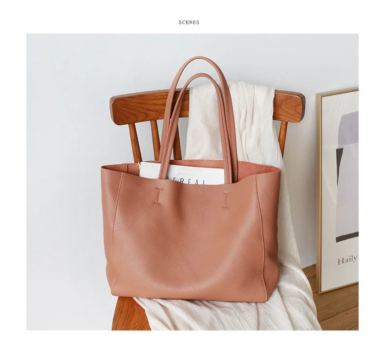 Women’s Casual Leather Tote Bag – Large Soft Cowhide Shoulder Purse for Shopping & Travel