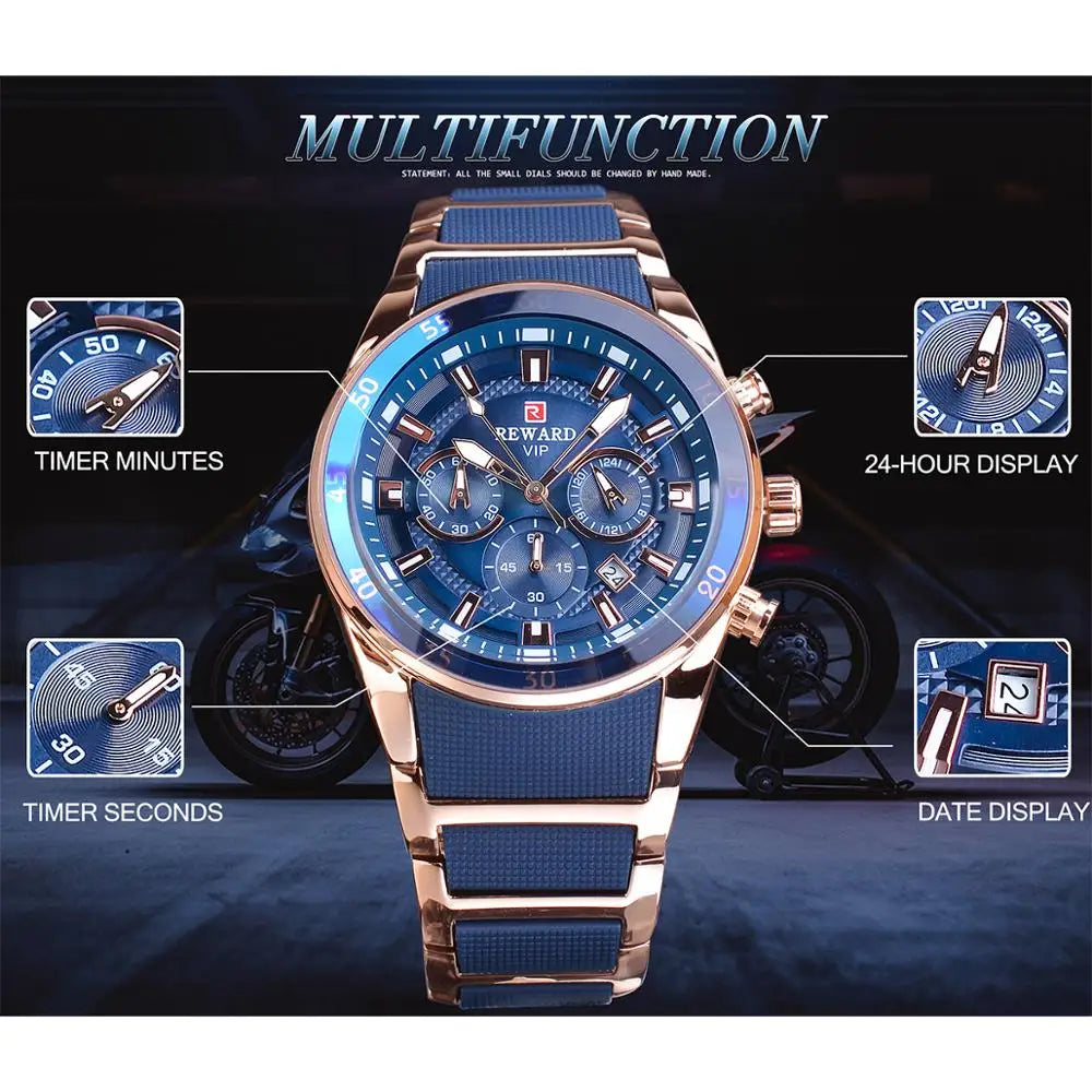 Men’s Sport Watch Blue Dial – Multifunction Quartz Watch with Silicone Strap & Stainless Steel Case