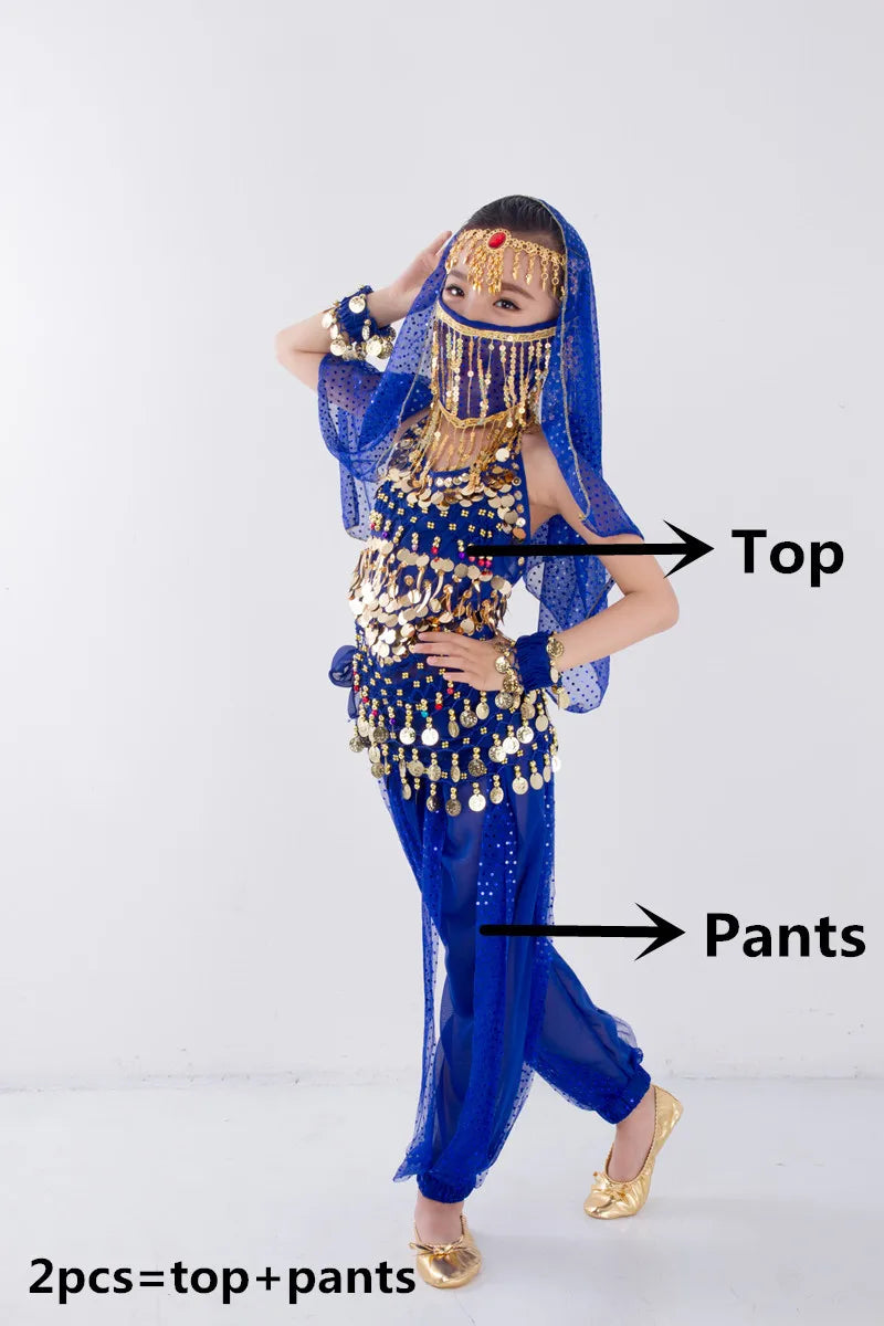 Kids Belly Dance Costume for Girls – Belly Dancer Outfit Set with Belt, Pants, Veil & Accessories (2–8PCS)