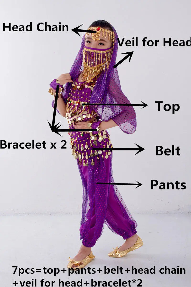 Kids Belly Dance Costume for Girls – Belly Dancer Outfit Set with Belt, Pants, Veil & Accessories (2–8PCS)