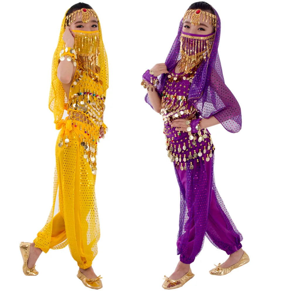 Kids Belly Dance Costume for Girls – Belly Dancer Outfit Set with Belt, Pants, Veil & Accessories (2–8PCS)
