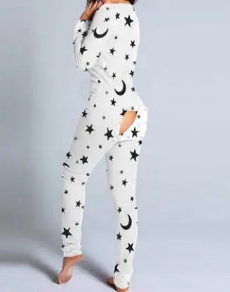 Women’s Christmas Button-Front Pajama Jumpsuit with Back Flap Holiday One-Piece Loungewear
