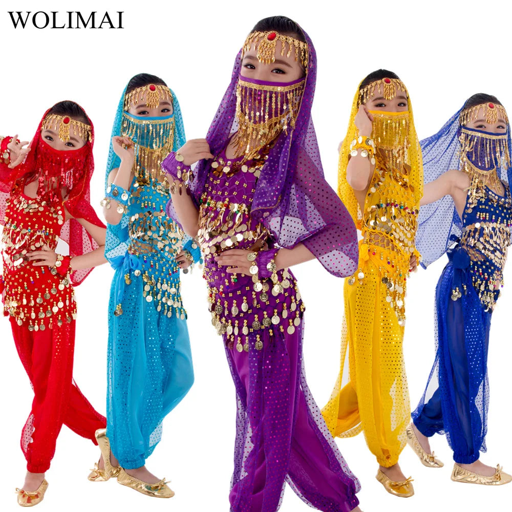 Kids Belly Dance Costume for Girls – Belly Dancer Outfit Set with Belt, Pants, Veil & Accessories (2–8PCS)